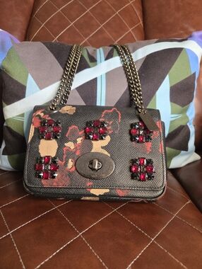 Coach Black Floral Embellished Chain Shoulder Bag